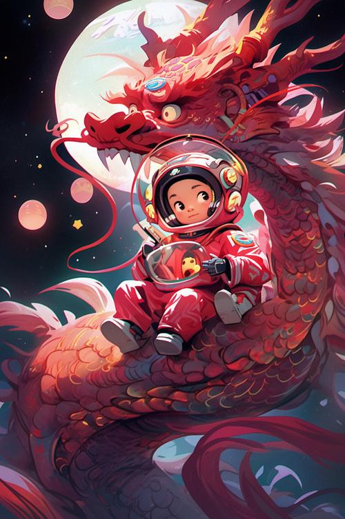 ai数字艺术潮流卡通龙年宇航员形象插画